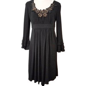 MUSE Long Ruffled Sleeve Black Pleated Dress Metal Flowers Women's 10